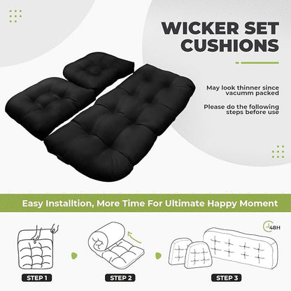 DANGHOOGY Wicker Chair Cushions, Waterproof Outdoor Loveseat Cushions for Patio Furniture, 3 Pieces Wicker Furniture Cushions, 1 Loveseat and 2 U-Shaped Cushions, Black