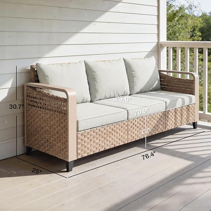 Outsunny Outdoor Patio Couch with Wide and Deep Seat, 3 Seater Wicker Outdoor Sofa with Wide Metal Armrests, Patio Furniture Couch with Cushions for Porch, Garden, Backyard, Beige