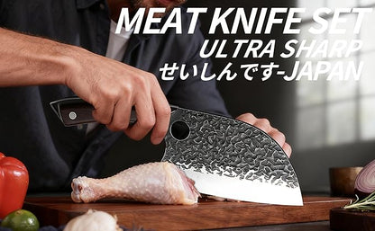 Butcher Knife, Hand Forged Serbian Chef Knife & Meat Cleaver & Viking Knife, Food Cutting Kitchen Knife for Home, Outdoor Cooking, Camping BBQ Gift for Men