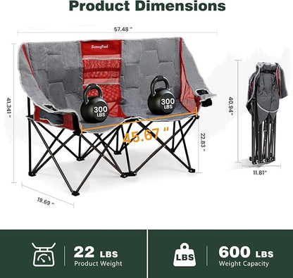 SUNNYFEEL Folding Double Camping Chair Oversized Loveseat for Adults | 600LBS Heavy Duty Padded Camping Couch with Cup Holder, Storage Pockets & Carry Bag for Patio RV/ Lawn/ Backyard