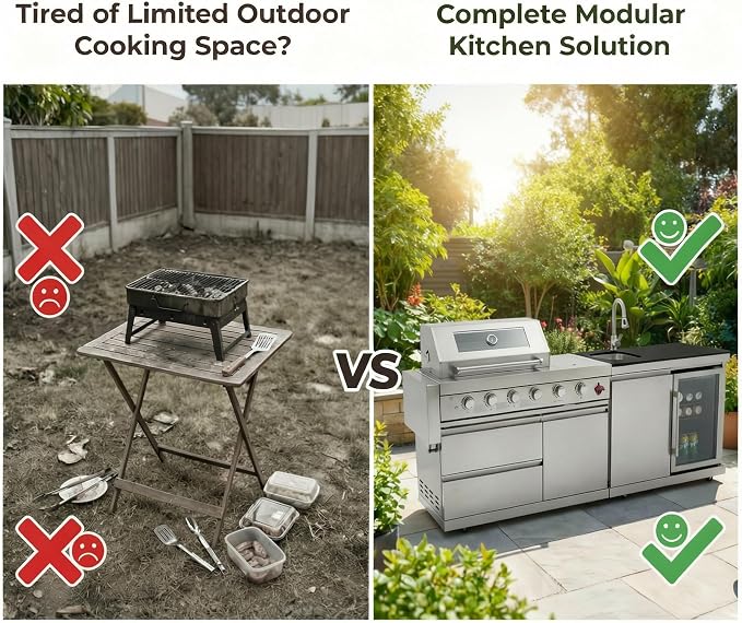 RIGO 84" 6 Burner Outdoor Kitchen Island Grill,75300 BTU 304 Stainless Dual Fuel BBQ Grill with Sink,Fridge & Granite Countertop for Backyard Commercial Use