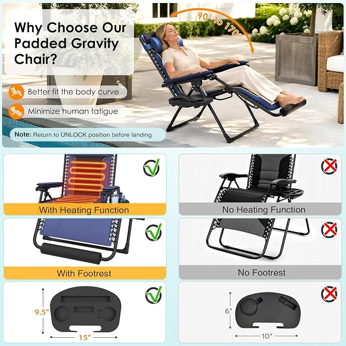 Suteck Heated Zero Gravity Chair, 400LBS 30.3" Padded Antigravity Chairs | Reclining Camping Chair with Headrest, Upgraded Lock, Large Cup Holder and Footrest, Patio Lounge Recliner for Indoor Outdoor