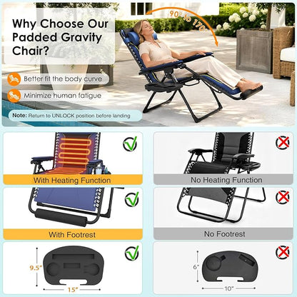 Suteck Heated Zero Gravity Chair, 400LBS 30.3" Padded Antigravity Chairs | Reclining Camping Chair with Headrest, Upgraded Lock, Large Cup Holder and Footrest, Patio Lounge Recliner for Indoor Outdoor