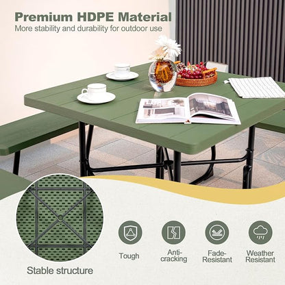 Tangkula 8 Person Picnic Table, Outdoor Square Picnic Table with 4 Built-in Benches, Umbrella Hole, Metal Frame & HDPE Tabletop, Outside Table and Bench Set for Backyard, 2300lbs Weight Capacity