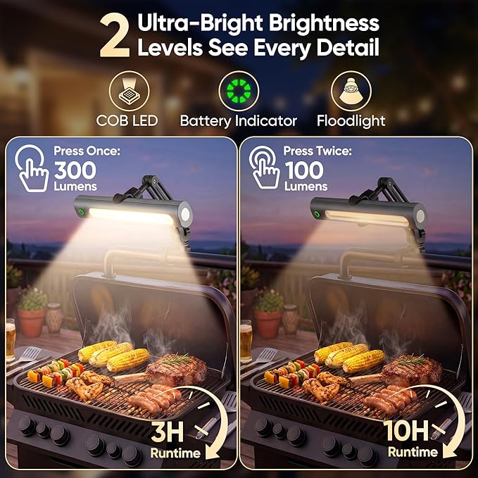 Grill Light BBQ Accessories Rechargeable: Bright 300lm LED Grill Light - IPX5 Waterproof & 3H Fast USB-C Charging - Magnetic & 360° Handle Mount Smoke Accessories - Grilling Gifts for Men Dad Husband