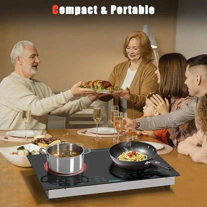2 Burner Electric Cooktop, 110V Two Burner Electric Stove Top 2000W, 24 Inch Countertop & Built-in Ceramic Cooktop for Camping, Outdoor, Dorm, RVs, Child Lock, Timer, 8 Power Levels, Green