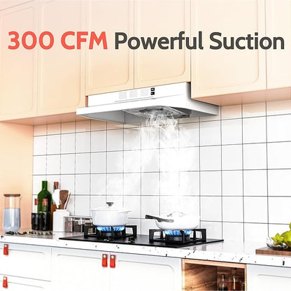 FIREGAS 24 inch Range Hood, 300CFM Ducted/Ductless Convertible Under Cabinet Range Hood in White Painted Stainless Steel with 2 watt LED Light and Filter, 2 fan speeds,hassle-free installation