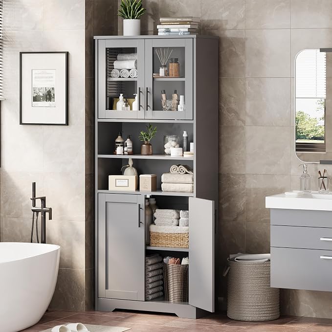 IDEALHOUSE 67" H Tall Storage Cabinet, Freestanding Bathroom Cabinet with 4 Doors and Adjustable Shelves,Modren Cupboard for Kitchen, Pantry, Living Room (Grey)