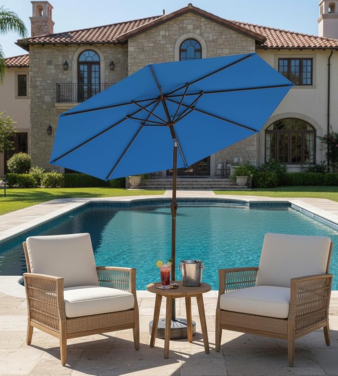 9FT Auto-Tilt Patio Umbrella|Outdoor Market Table Umbrella with 8 Fiberglass Ribs for Pool,Deck&Backyard