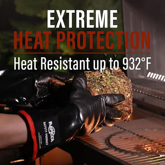 RAPICCA 932°F Heat Resistant BBQ Grill Gloves: Oil Resistant Waterproof for Smoking Grilling Cooking Barbecue Deep Frying Turkey Rotisserie Handling Hot Greasy Meat Stocking Stuffers - 17 in Size XL