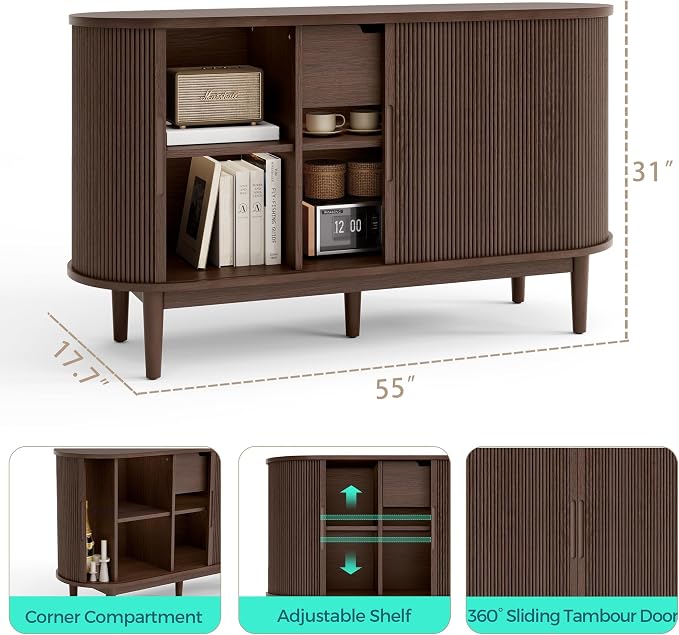 LINSY HOME 55" Sideboard Buffet Cabinet,Tambour Sliding Doors & Drawer | Vintage Walnut Fluted Coffee Bar Cabinet with Storage, Mid Century Modern Wood Storage Buffet Table for Kitchen, Living Room
