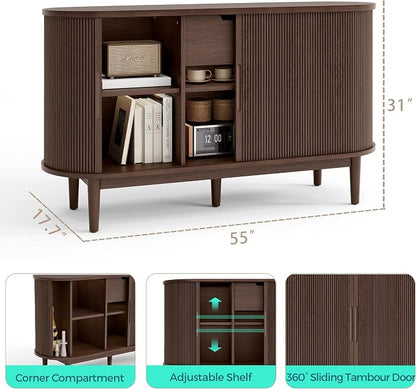 LINSY HOME 55" Sideboard Buffet Cabinet,Tambour Sliding Doors & Drawer | Vintage Walnut Fluted Coffee Bar Cabinet with Storage, Mid Century Modern Wood Storage Buffet Table for Kitchen, Living Room