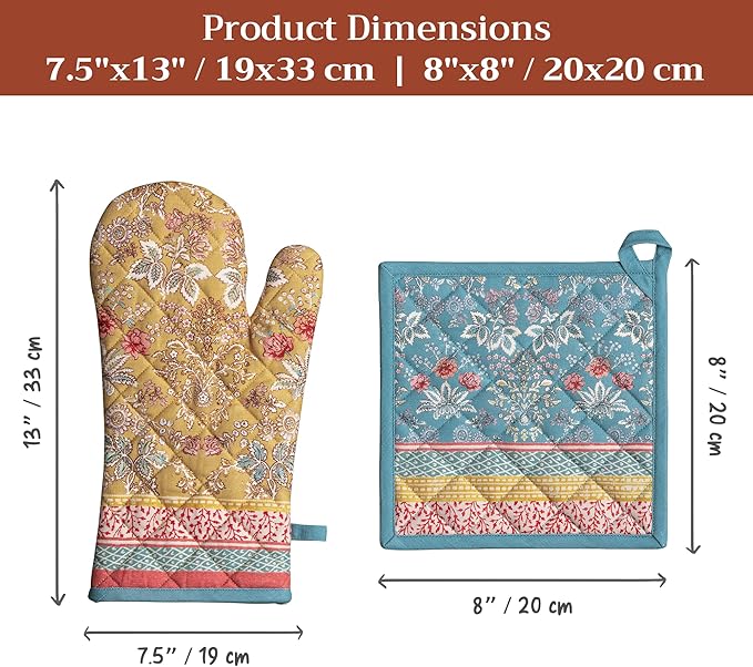 Maison d' Hermine 100% Cotton Oven Mitt & Pot Holder Set (7.5"x13" & 8"x8") Heat Resistant BBQ Cooking Gloves with Loop Baking Grilling Kitchen Hotel Home Farmhouse Spring Summer (Marquise)