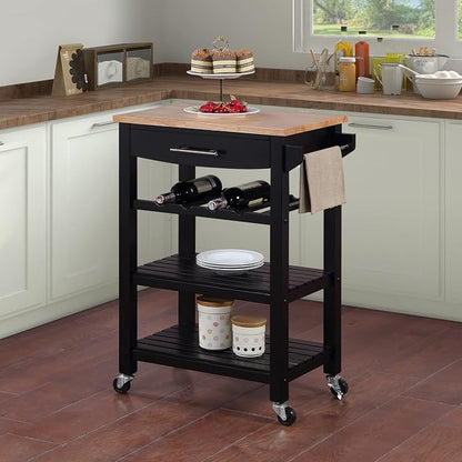 Convenience Concepts Ellaine Butcher Block Kitchen Cart 24.75" - 4 Tier Kitchen Island with Storage Drawer, Dining Room Wine Rack on Wheels, Coffee Station Table, Mobile Utility Trolley, Black