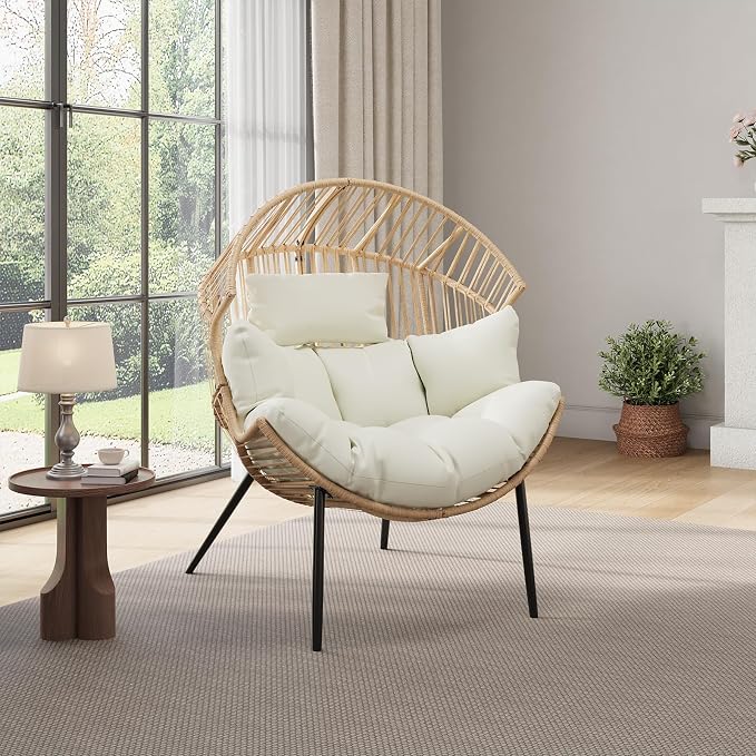 Garvee Outdoor Wicker Egg Chair with Extra-Soft Pillow and Thick Cushion | Oversized Ergonomic Rattan Lounge Rocker for Outdoor & Indoor, Living Room, Backyard & Garden – Cream Cushion, Wicker Frame