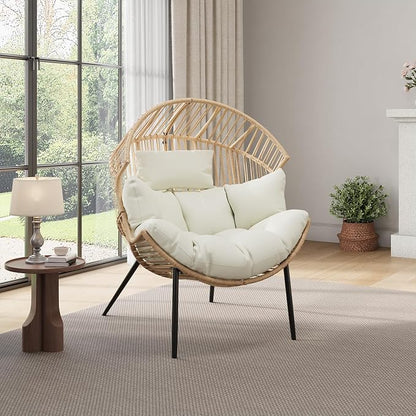 Garvee Outdoor Wicker Egg Chair with Extra-Soft Pillow and Thick Cushion | Oversized Ergonomic Rattan Lounge Rocker for Outdoor & Indoor, Living Room, Backyard & Garden – Cream Cushion, Wicker Frame