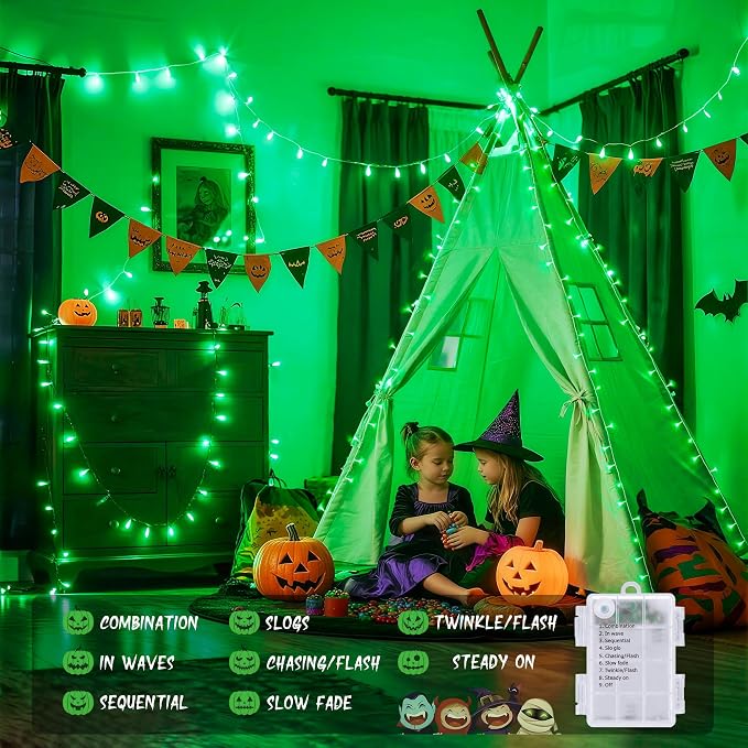 JMEXSUSS 33ft 100 LED Green Battery Operated Lights for Halloween Decor | Green Christmas Lights Battery Operated, Halloween string Lights Indoor Outdoor for Tree House Yard Xmas