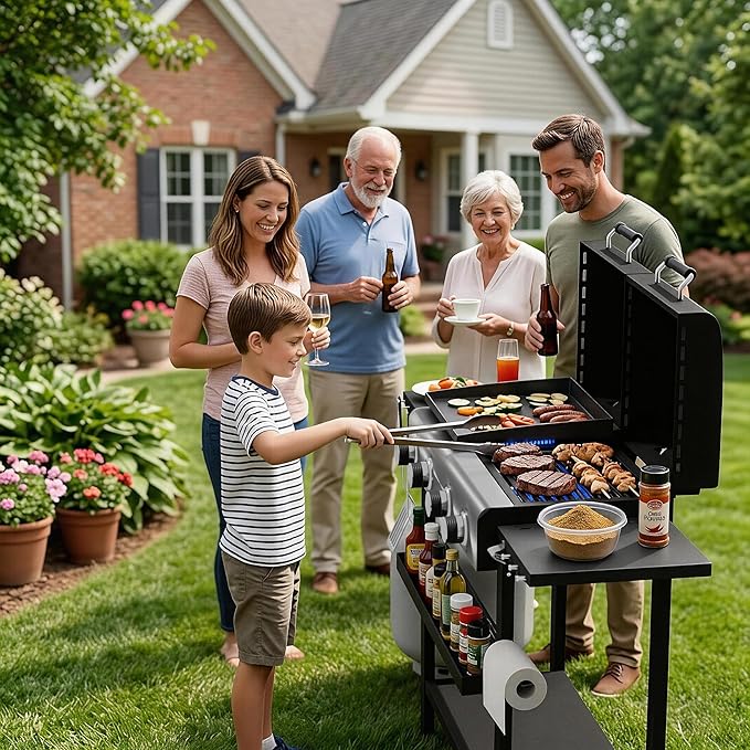 SKOK 4 Burner 3-in-1 Charcoal/Gas/Griddle Combo Outdoor Grill – 331 Sq. In. Cast Iron Grate & Griddle Pan, Propane Griddle Grill Combo for Outdoor Cooking, Backyard, Patio, Camping