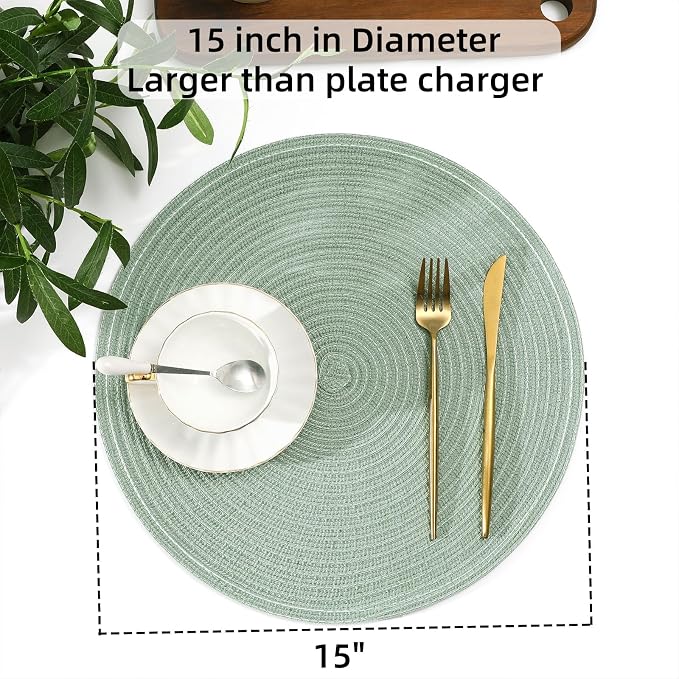 SHACOS Round Placemats Set of 4 Woven Braided Table Placemats 15 inch Cotton Polyester Place Mats Washable Table Mats Indoor Outdoor, Sage Green