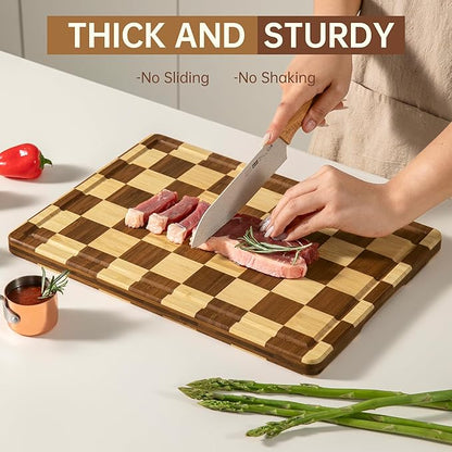 Bamboo Cutting Boards for Kitchen, Checkered Thick End Grain Wood Chopping Board with Juice Groove, Butcher Block for Meat, Bread & Fruit, Medium, 14"L x 10"W x 0.8"Th