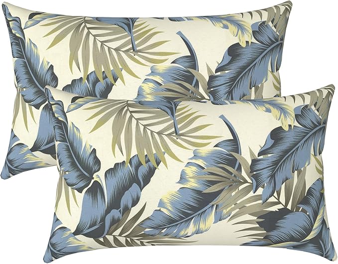 LVTXIII Set of 2 Patio Lumbar Pillow Covers ONLY, 12" x 20" Fade Resistant Outdoor Lumbar Pillow Cases, Fluffy Decorative Garden Lumbar Cushions Covers for Home Patio Coach Sofa Use, Lush Palm Blue