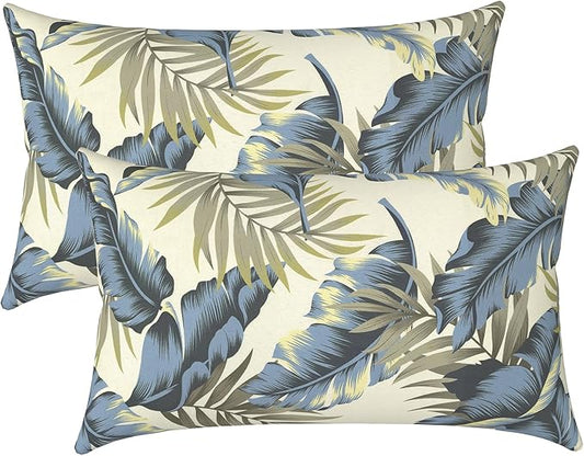 LVTXIII Set of 2 Patio Lumbar Pillow Covers ONLY, 12" x 20" Fade Resistant Outdoor Lumbar Pillow Cases, Fluffy Decorative Garden Lumbar Cushions Covers for Home Patio Coach Sofa Use, Lush Palm Blue