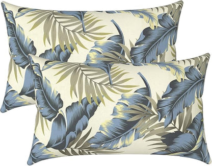 LVTXIII Set of 2 Patio Lumbar Pillows, 12" x 20" Fade Resistant Outdoor Lumbar Pillow with Inners, Fluffy Decorative Garden Lumbar Cushions for Home Patio Coach Sofa Use, ‌Lush Palm Blue
