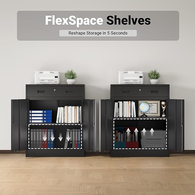 CJF Pantry Cabinet with 1 Drawer, Metal Pantry Storage Cabinets with Doors and 2 Adjustable Shelves, 36" H Locking Cabinet for Kitchen Storage, Home, Garage, Utility Room and Basement, Black