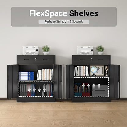 CJF Pantry Cabinet with 1 Drawer, Metal Pantry Storage Cabinets with Doors and 2 Adjustable Shelves, 36" H Locking Cabinet for Kitchen Storage, Home, Garage, Utility Room and Basement, Black