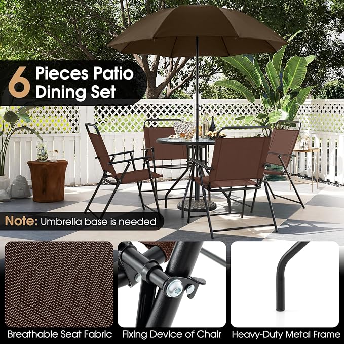 GIANTEX 6 Pieces Patio Dining Set, Folding Patio Chairs Set of 4, Tempered Glass Umbrella Table with Hole, Patio Table and Chairs for Lawn, Deck, Poolside, Backyard (Brown)
