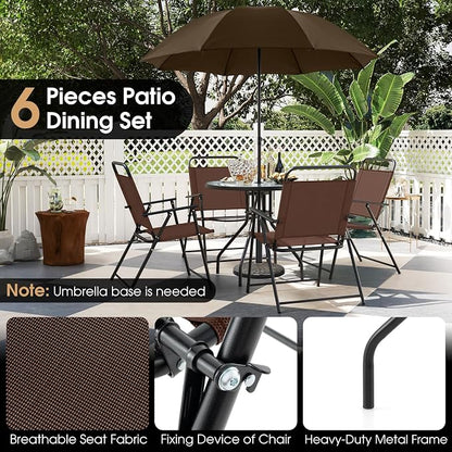 GIANTEX 6 Pieces Patio Dining Set, Folding Patio Chairs Set of 4, Tempered Glass Umbrella Table with Hole, Patio Table and Chairs for Lawn, Deck, Poolside, Backyard (Brown)