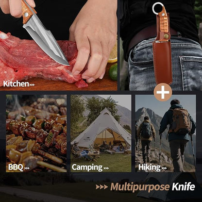 Plys Fixed Blade Hunting Knives Ergonomic Full Tang Camping Knife Rosewood Handle Multi-Tool Tactical Bushcraft Knife for Kitchen, Hiking, EDC Belt Carry, Lightweight Outdoor Survival Gear