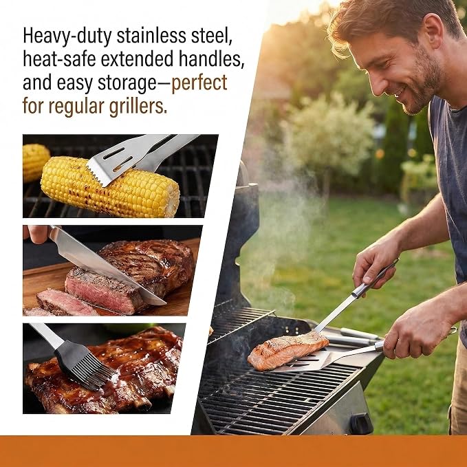 9-Piece BBQ Grill Tool Set, Stainless Steel with Storage Bag | Nine piece set of stainless steel grill tools. Very suitable for camping, backyard gatherings, outdoor barbecues