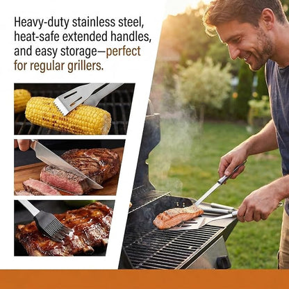 9-Piece BBQ Grill Tool Set, Stainless Steel with Storage Bag | Nine piece set of stainless steel grill tools. Very suitable for camping, backyard gatherings, outdoor barbecues