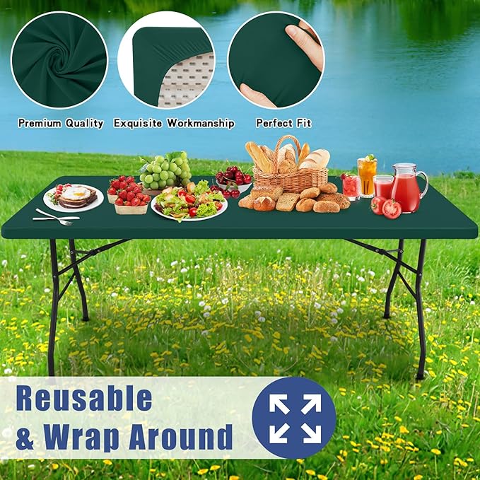Moosfor Spandex 8 Foot Rectangle Table Cloth, Elastic Fitted Tablecloths for Picnic, Stretch Washable Patio Table Cover for Outdoor, Camping, Banquet and Parties (Blackish Green, 30"x96")