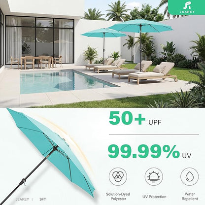 JEAREY 9FT Outdoor Patio Umbrella,Market Table Umbrella with 8 Fiberglass Ribs, Pool Umbrella with Tilt and Crank, UV Protection Lightweight & Wind-Resistant for Lawn, Garden, Deck and Backyard, Peacock Blue