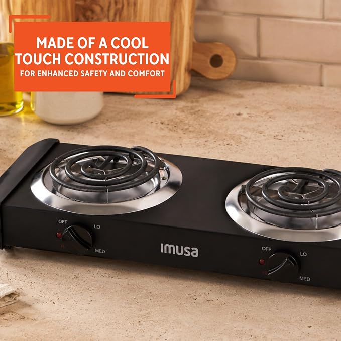 IMUSA USA GAU-80306 Electric Double Burner 1750-Watts , Black | Ideal for Cooking Outdoors or in the Office