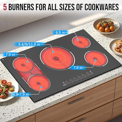 5 Burner Electric Cooktop, 36 Inch Electric Stovetop 9600W, Built-in Ceramic Hob with BBQ Burner, Touch Control, Child Safety Lock, Timer, Pause, 220-240V, Hard Wire, No Plug