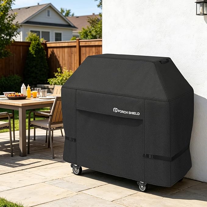 Porch Shield 58W x 24D x 46H inch Premium Gas Grill Cover Up to 56 inch, Waterproof and Fade Resistant 600D BBQ Covers for Weber, Brinkmann, Char-Broil and More, Black