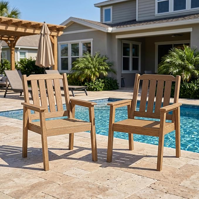 Garvee Outdoor Patio Dining Chairs Set of 2, Outdoor HDPE Garden Dining Chairs, Sturdy Frame, Waterproof, All-Weather for Backyard, Poolside, Porch, Deck, Natural