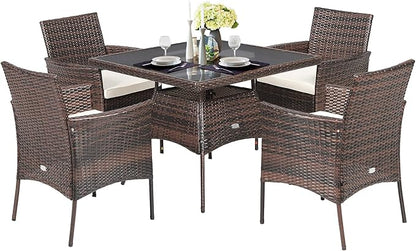 Tangkula 5 Pieces Wicker Patio Dining Set, Outdoor PE Rattan Chairs Table Set with 4 Seat Cushions, Patio Dining Furniture with Tempered Glass Tabletop, Suitable for Porch, Yard