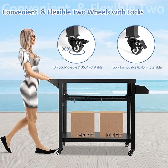 Spurgehom Grill Cart, Pizza Oven Stand Table with Wheels, Outdoor Movable Kitchen Cooking Prep Table BBQ Cart with Mesh Racks for Home Party, Bar, Camping