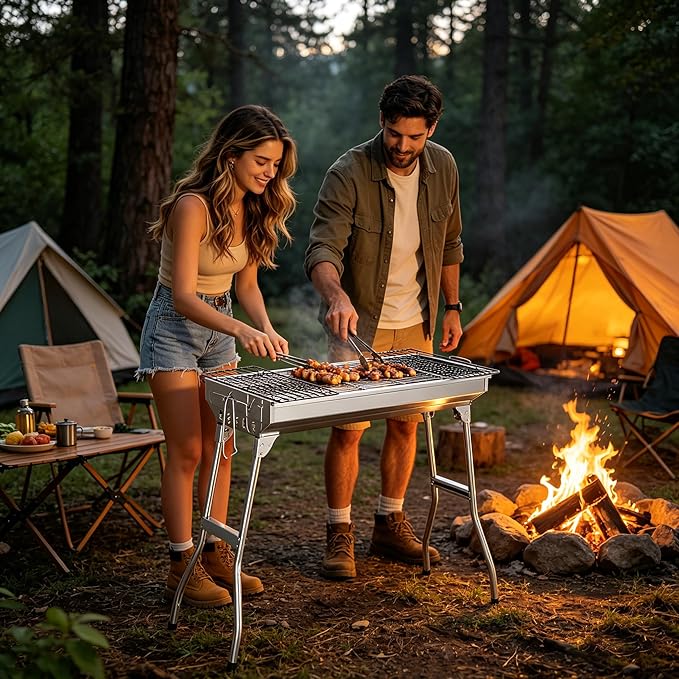 Portable Charcoal BBQ Grill, Foldable Smoker Tall Barbecue Grill Charcoal Outdoor Lightweight for Cooking Camping Hiking Picnics Tailgating Backpacking Garden Beach Party (27.5"L x 27.9"H)