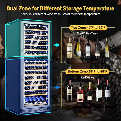 FoMup 24" 180-Bottle Dual Zone Wine fridge, Freestanding or Built-in | Sliding rail shelves, Reversible door, Professional cooling, Low noise, Glass door, Digital temp, Home or commercial use