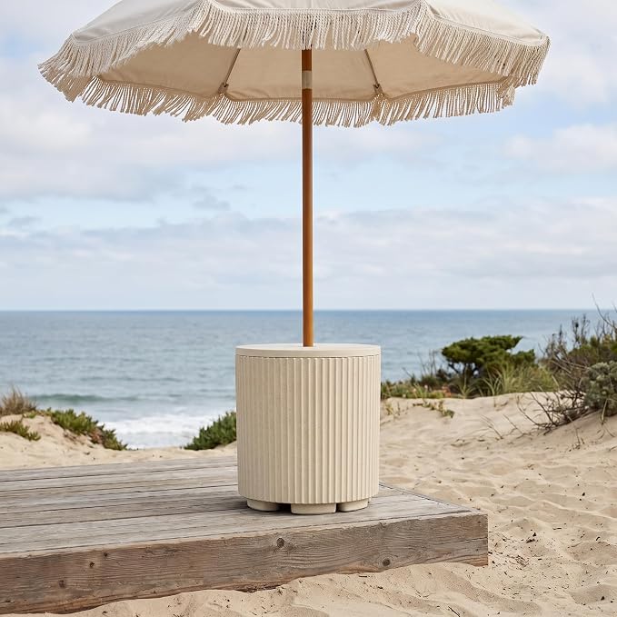 Patio Table for Umbrella, Pool Side Table, 2 Pack, Beige | Adjustable Knob, 1.5Inch Umbrella Hole, All Weather Material