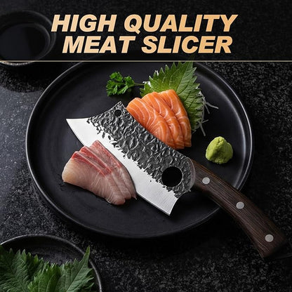 Butcher Knife Set 3PCS, Hand Forged Serbian Chef Knife & Meat Cleaver & Viking Knife, Food Cutting Kitchen Knife for Home, Outdoor Cooking, Camping BBQ Gift for Men