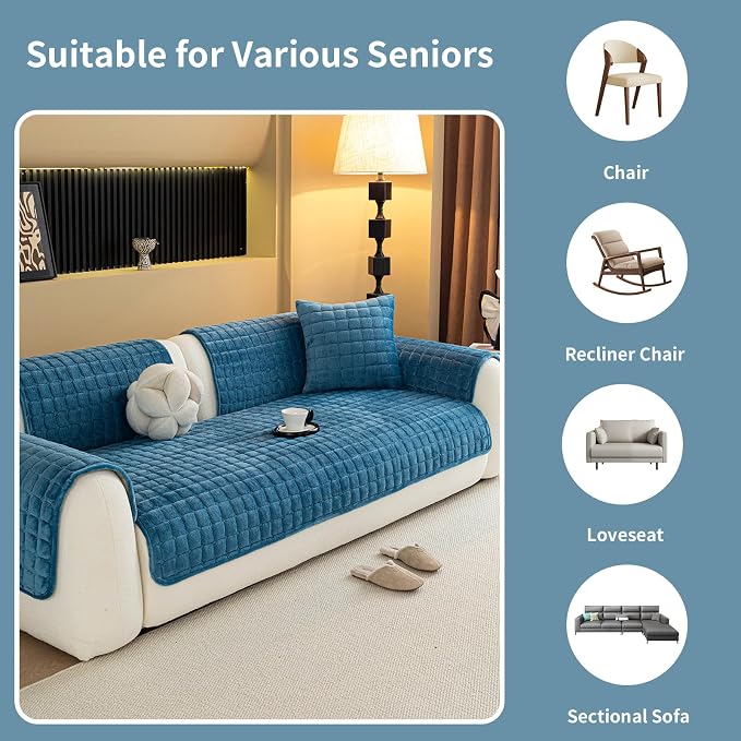 Velvet Couch Cover, Plush Sectional Sofa Cover Washable, Anti Slip Sofa Slipcover for 3 Cushions Sofas, Furniture Protector Covers for Pets & Kids(1PC, Blue, 35.4"×71", 3-Seater)