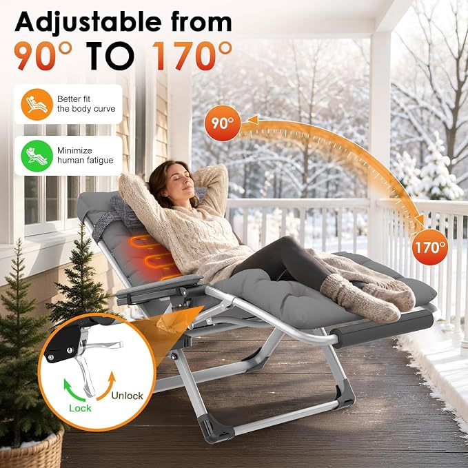 Slendor Heated Oversized Zero Gravity Chairs 33In, XXL Lounge Chair, Gray | Anti Gravity Recliner with 3 Heat Levels for Back & Seat, Headrest & Cup Holder, Folding, Supports 500lbs, (Battery Not)