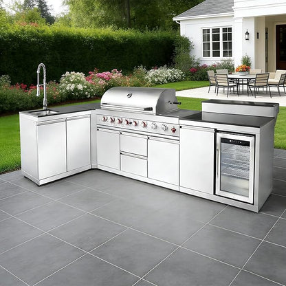 96" Modular Outdoor Kitchen Island with Side Burner, 6-Burner 95,500 BTU Propane BBQ Island, Refrigerator, Bar Counter, Integrated Sink & 3-Tier Corner Cabinet, Silver