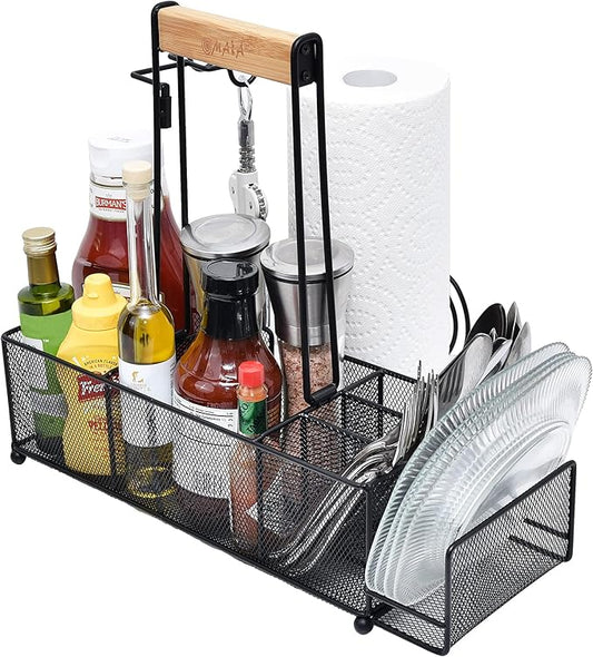 OMAIA BBQ and Grill Caddy with Paper Towel Holder, Wood Handle & 2 Hooks – Camper Accessories Condiment Caddy – Plates, Cutlery and BBQ Organizer for Camping Outdoor, RV - US Patent Pending